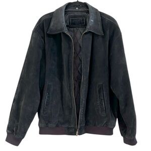 TRADER BAY VINTAGE SUEDE LEATHER QUILT LINED ZIP FRONT BOMBER JACKET BLK SIZE L